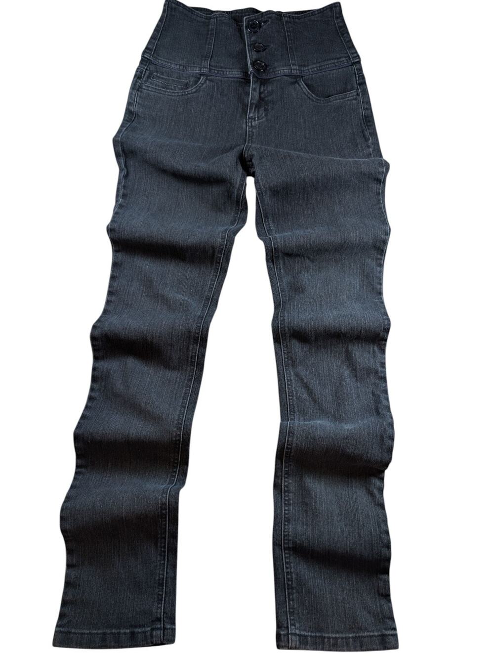 YouNique Women's High Rise Three Button Jeans Black Straight Leg Size 7